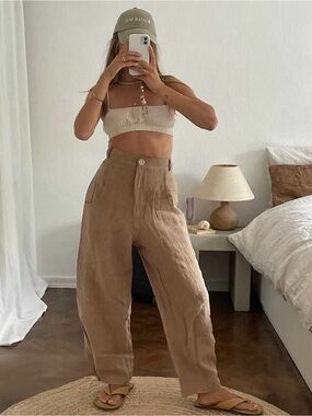 Bohème Goods Linen The Trouser in Tan Size 2 Medium Adjustable Leg EUC